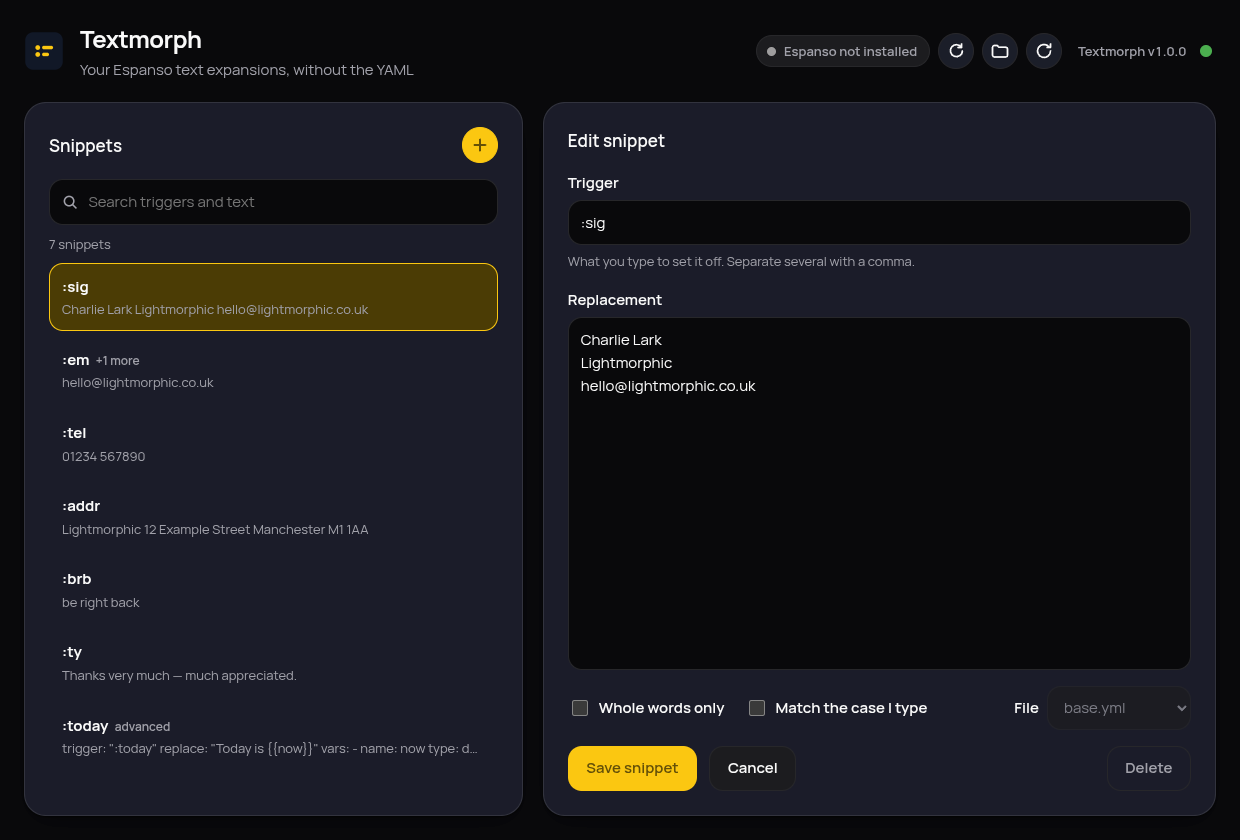 Textmorph's main window in dark mode: a searchable list of snippets on the left, the editing form on the right
