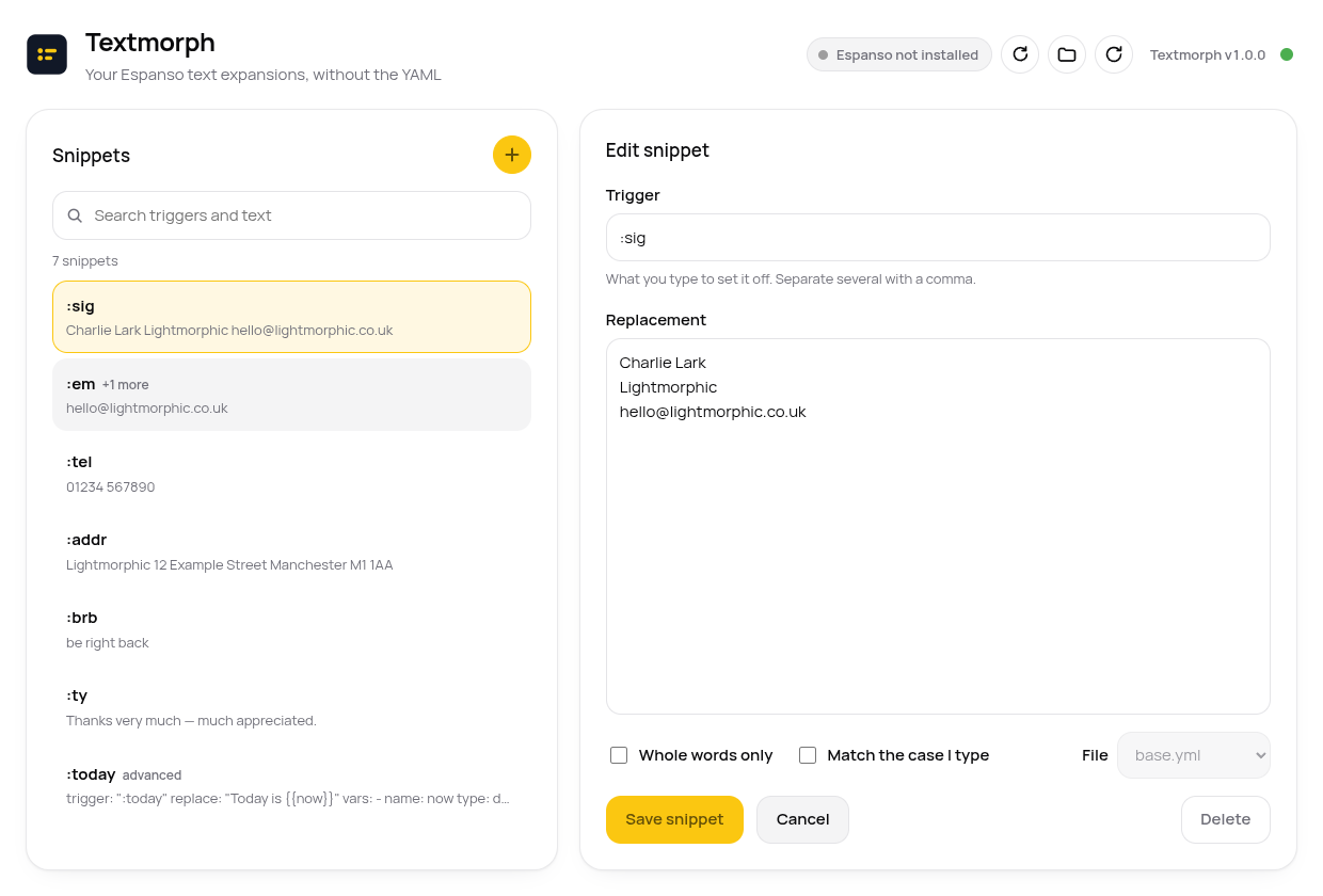 Textmorph's main window: a searchable list of snippets on the left, the editing form on the right